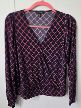 Banana Republic Navy Top with Coral Lattice Print